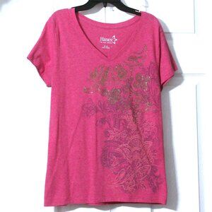 Dark Pink Hanes live love comfort V-neck top Tee Floral Design Women's Size M